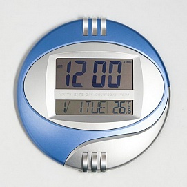 Часы настенные электронные с календарем и термометром и таймером синие цифры 26х26 1385494